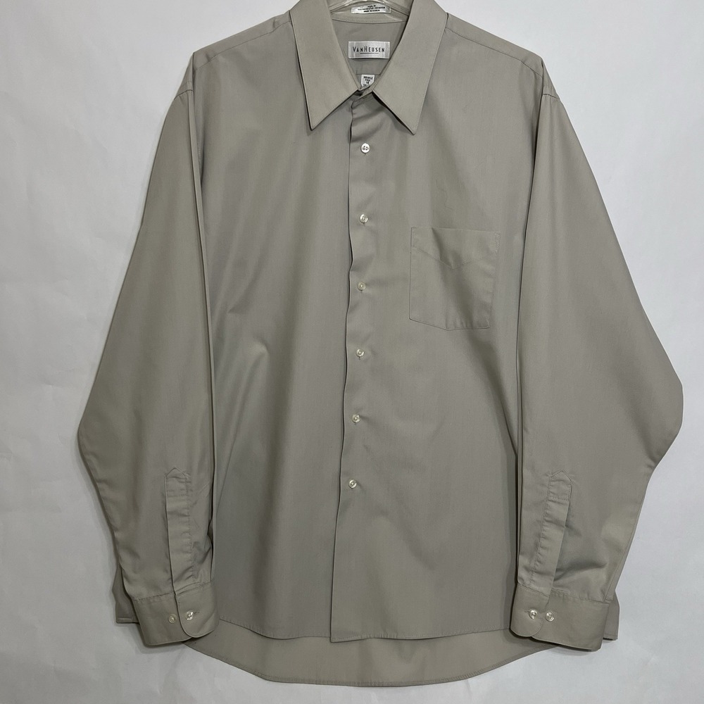 Van Heusen Poplin Button Long Sleeve Tan Dress Shirt Wrinkle Free Men 18 36/37